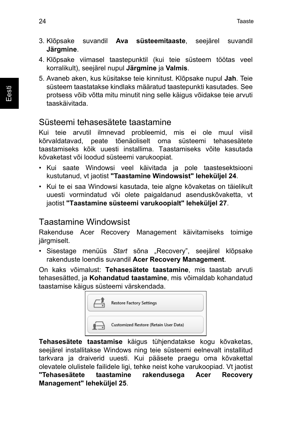 Süsteemi tehasesätete taastamine, Taastamine windowsist | Acer TravelMate P253-MG User Manual | Page 1888 / 2736