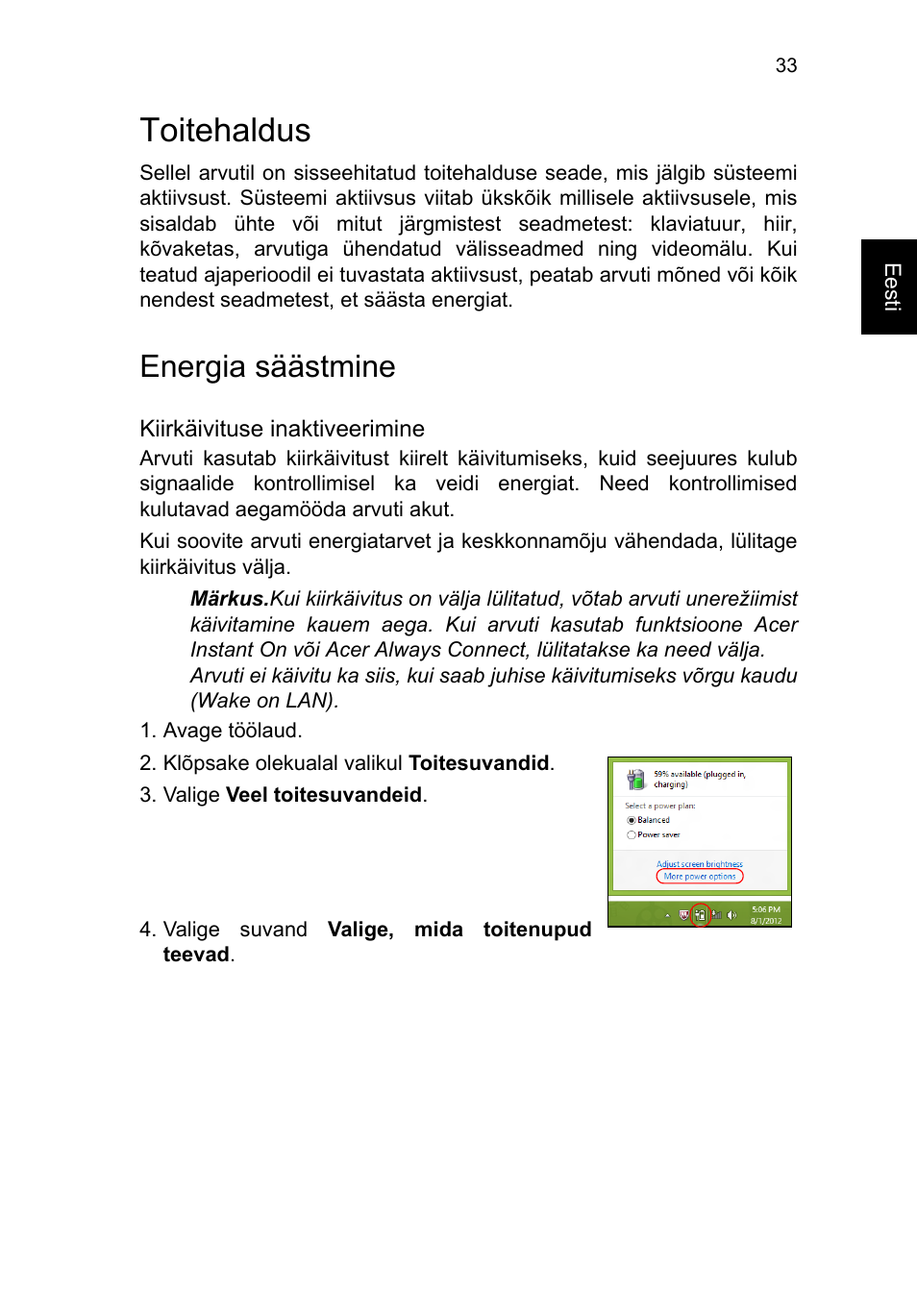 Toitehaldus, Energia säästmine, Toitehaldus 33 | Acer TravelMate P253-MG User Manual | Page 1897 / 2736