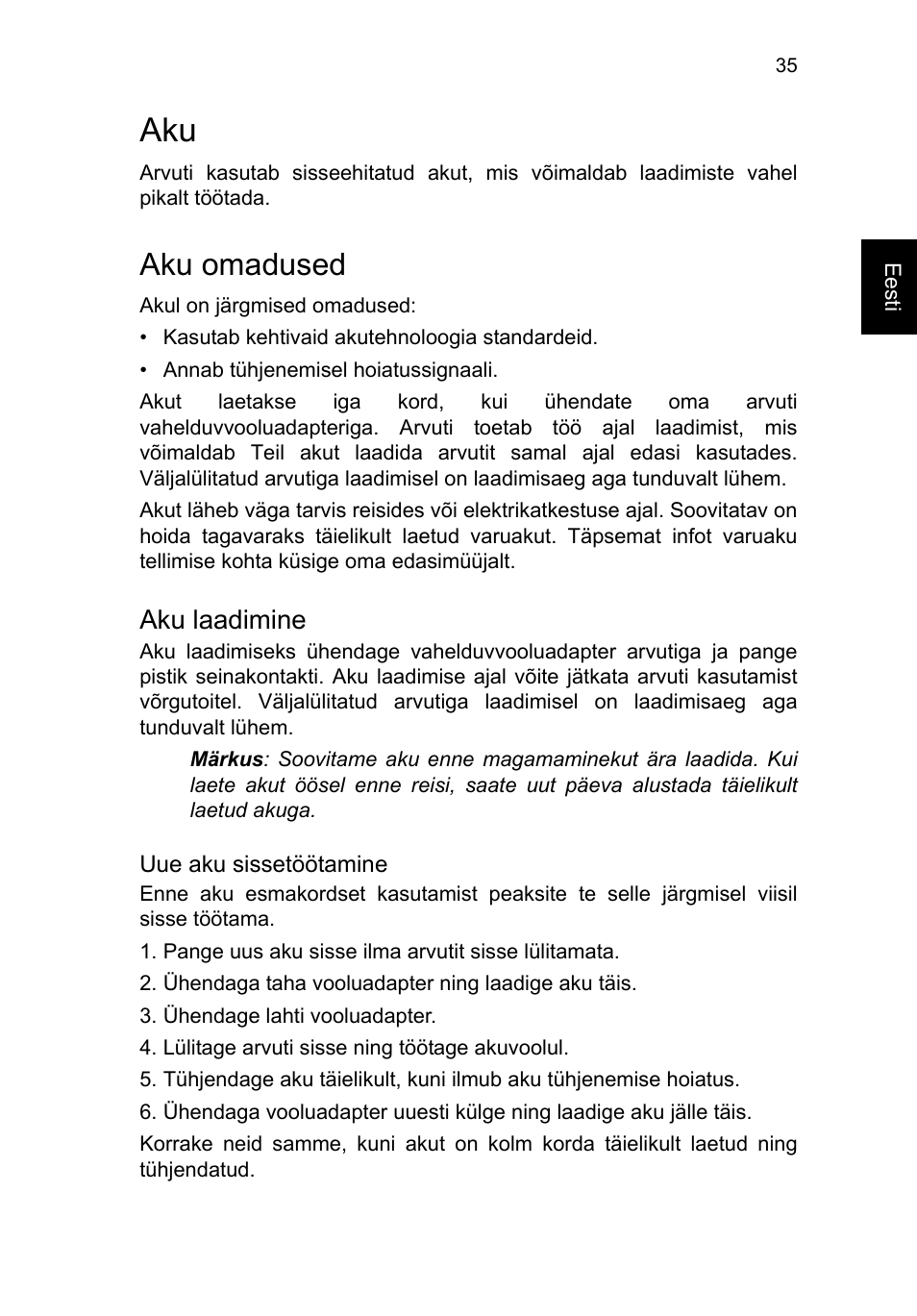 Aku omadused, Aku laadimine, Aku 35 | Acer TravelMate P253-MG User Manual | Page 1899 / 2736