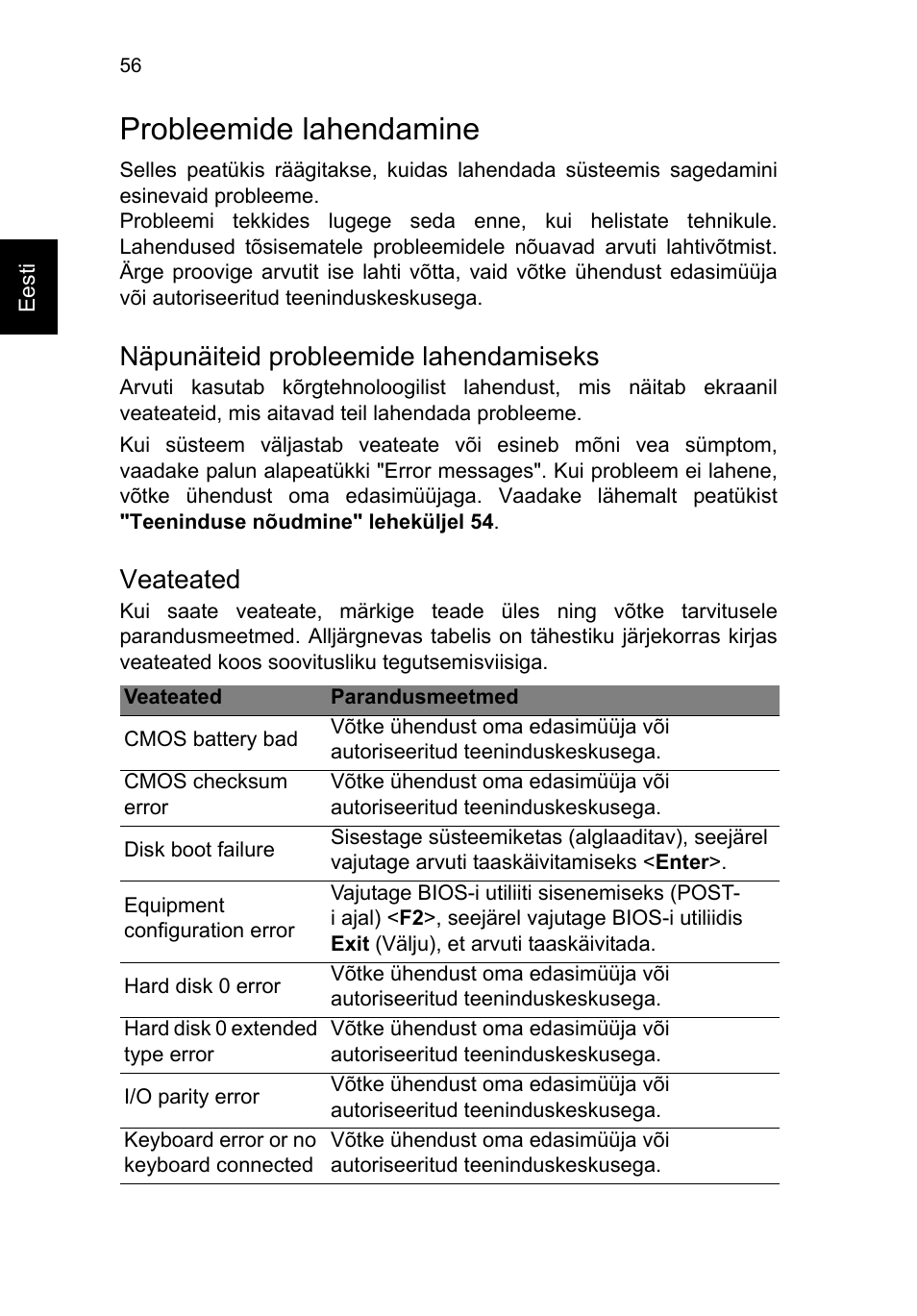 Probleemide lahendamine, Näpunäiteid probleemide lahendamiseks, Veateated | Acer TravelMate P253-MG User Manual | Page 1920 / 2736