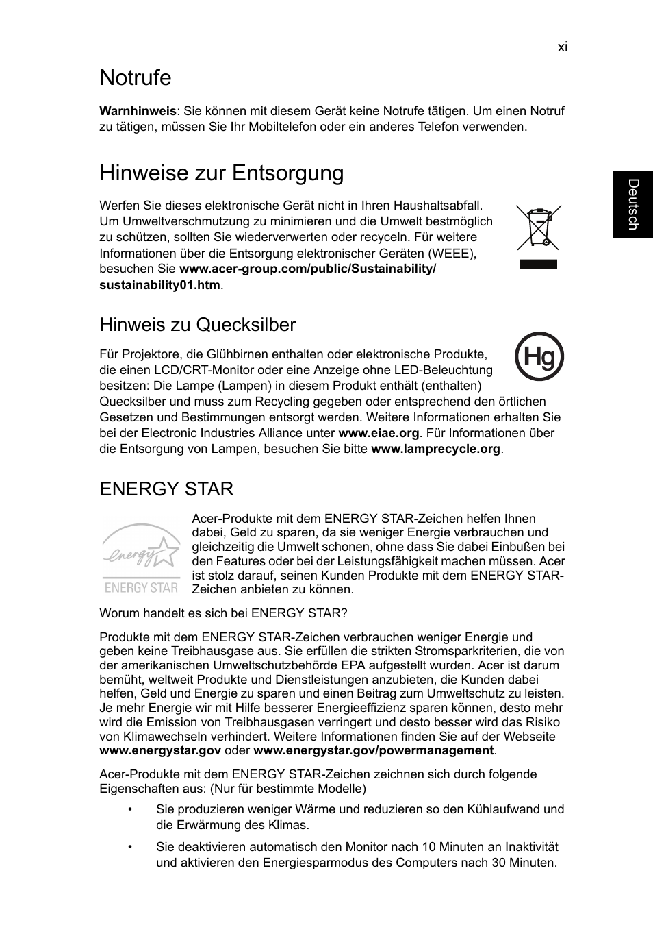 Notrufe, Hinweise zur entsorgung, Hinweis zu quecksilber | Energy star | Acer TravelMate P253-MG User Manual | Page 193 / 2736