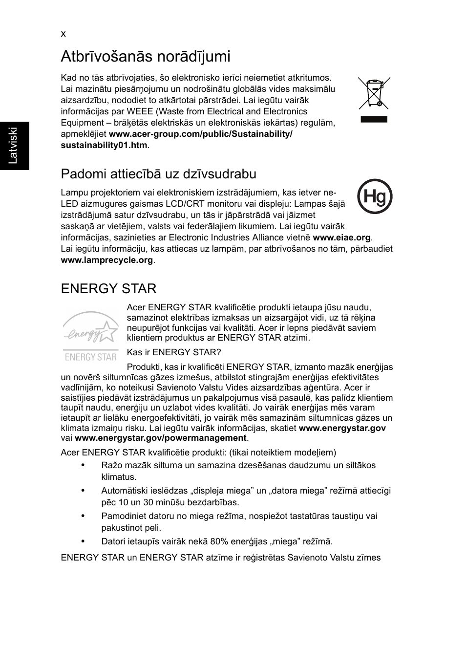 Atbrīvošanās norādījumi, Padomi attiecībā uz dzīvsudrabu, Energy star | Acer TravelMate P253-MG User Manual | Page 1942 / 2736