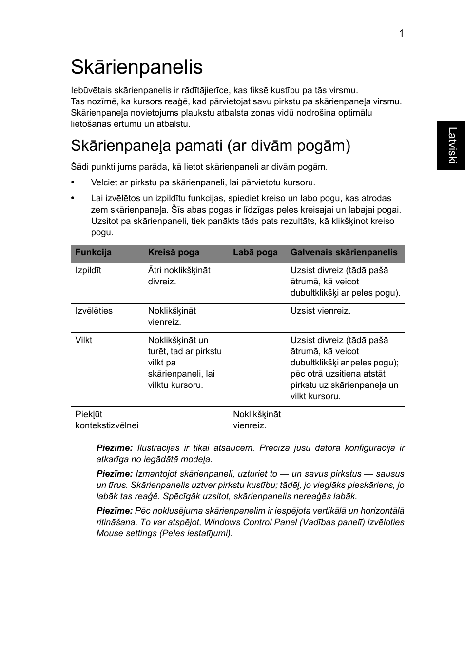 Skārienpanelis, Skārienpaneļa pamati (ar divām pogām) | Acer TravelMate P253-MG User Manual | Page 1953 / 2736