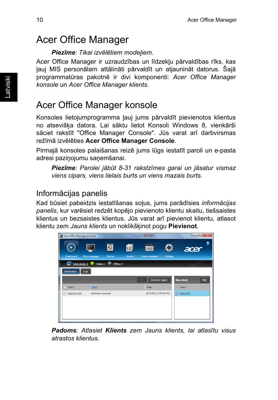 Acer office manager, Acer office manager konsole, Informācijas panelis | Acer TravelMate P253-MG User Manual | Page 1962 / 2736