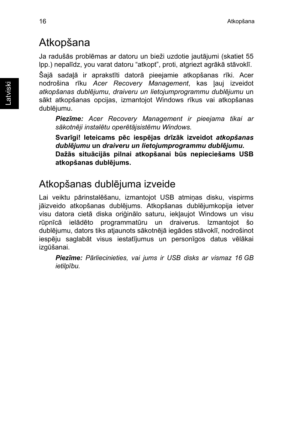 Atkopšana, Atkopšanas dublējuma izveide, Atkopšana 16 | Acer TravelMate P253-MG User Manual | Page 1968 / 2736