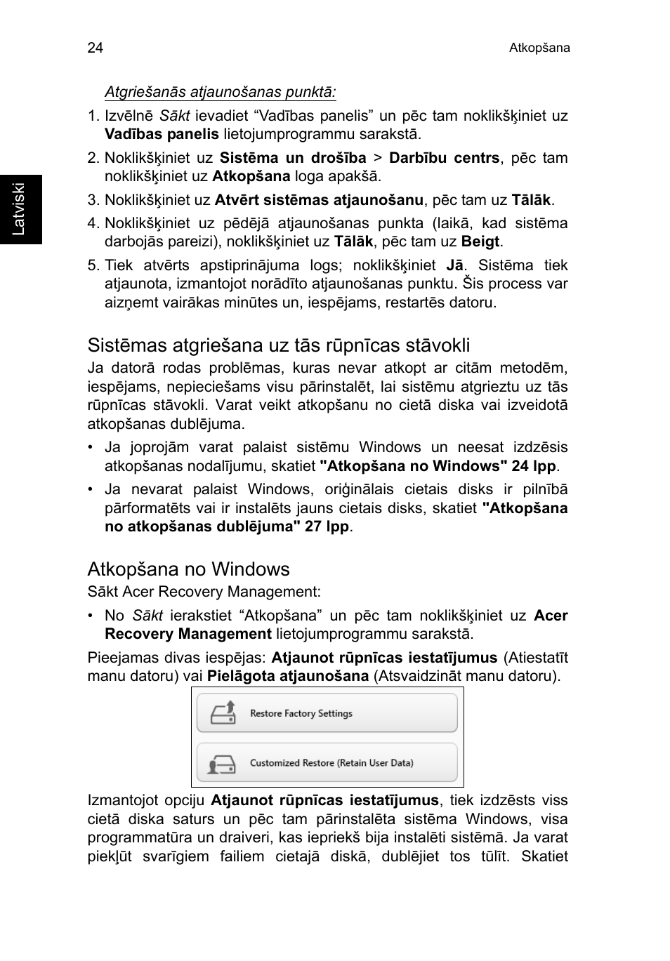 Sistēmas atgriešana uz tās rūpnīcas stāvokli, Atkopšana no windows | Acer TravelMate P253-MG User Manual | Page 1976 / 2736
