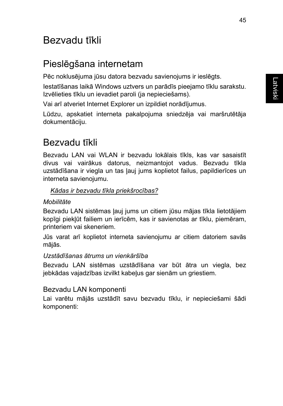 Bezvadu tīkli, Pieslēgšana internetam, Bezvadu tīkli 45 | Acer TravelMate P253-MG User Manual | Page 1997 / 2736