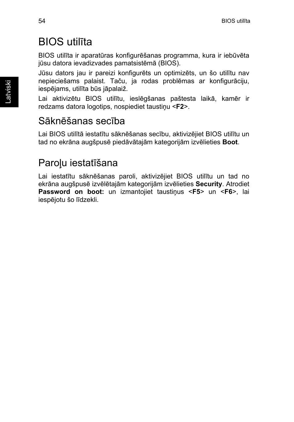 Bios utilīta, Sāknēšanas secība, Paroļu iestatīšana | Bios utilīta 54, Atkopšanas no diska uz disku iespējošana | Acer TravelMate P253-MG User Manual | Page 2006 / 2736