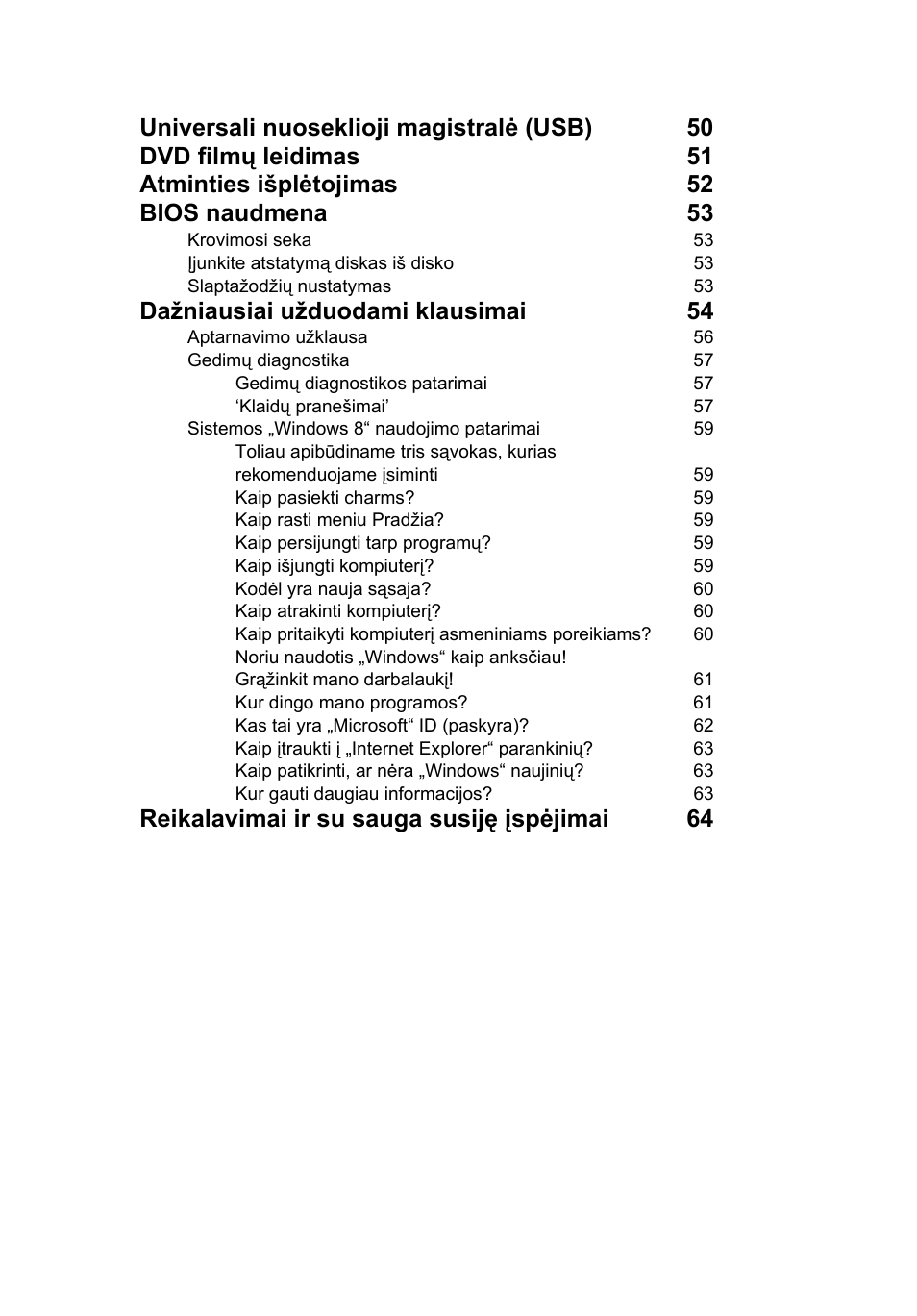 Dažniausiai užduodami klausimai 54, Reikalavimai ir su sauga susiję įspėjimai 64 | Acer TravelMate P253-MG User Manual | Page 2041 / 2736