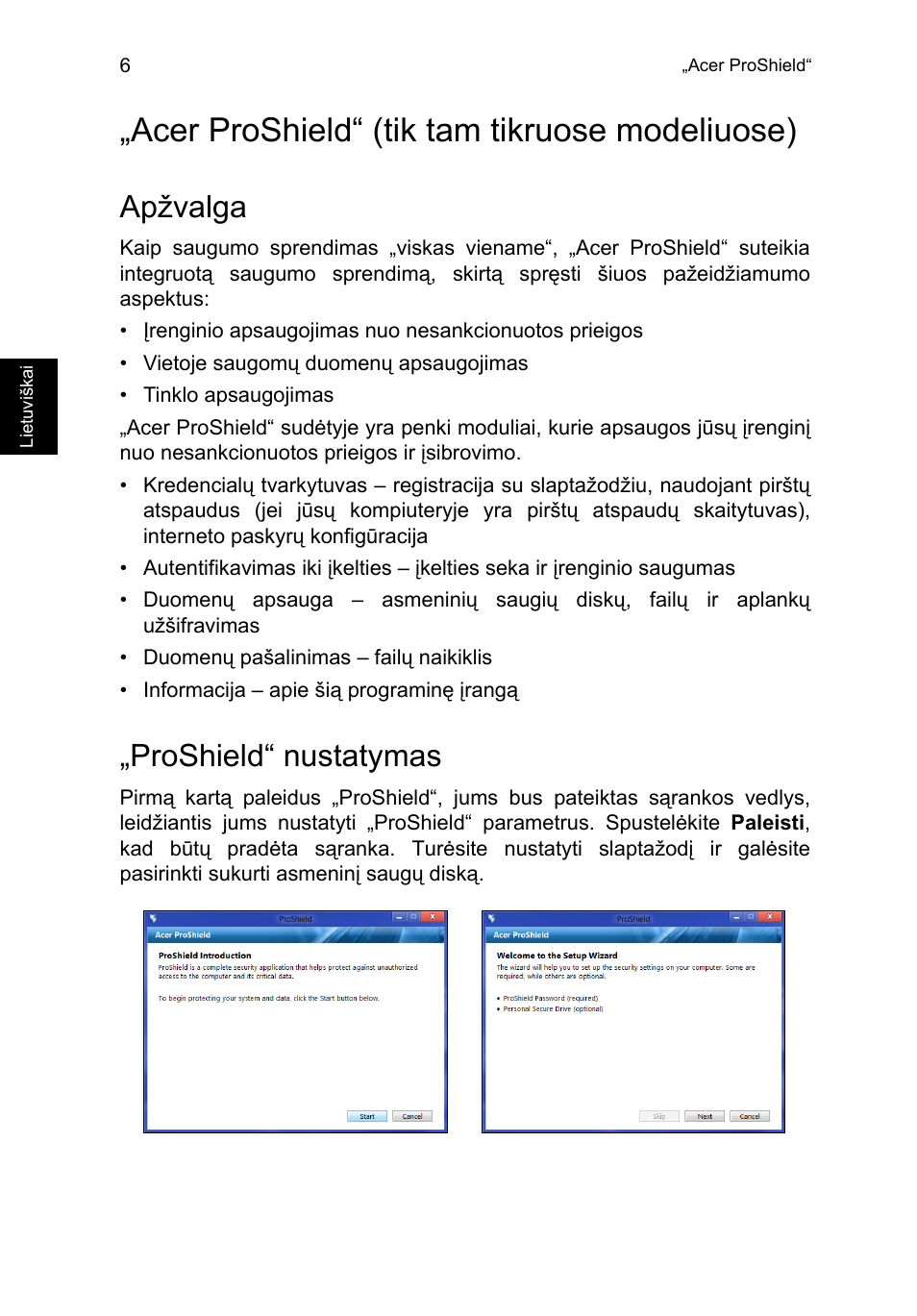 Acer proshield, Apžvalga, Proshield“ nustatymas | Acer proshield“ (tik tam tikruose modeliuose) | Acer TravelMate P253-MG User Manual | Page 2048 / 2736