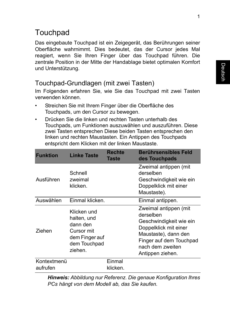 Touchpad, Touchpad-grundlagen (mit zwei tasten) | Acer TravelMate P253-MG User Manual | Page 205 / 2736