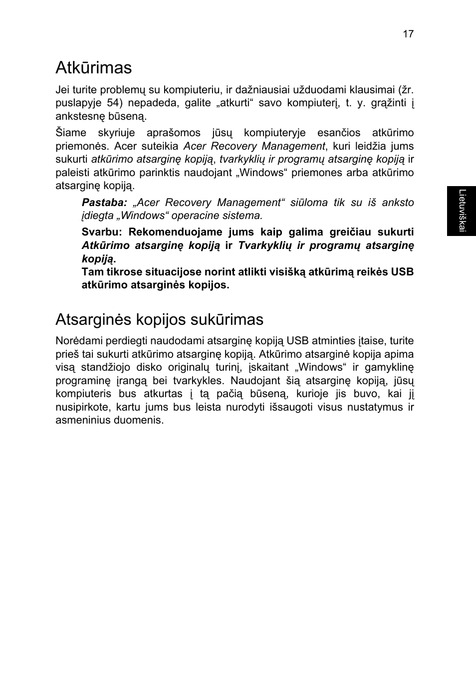 Atkūrimas, Atsarginės kopijos sukūrimas | Acer TravelMate P253-MG User Manual | Page 2059 / 2736