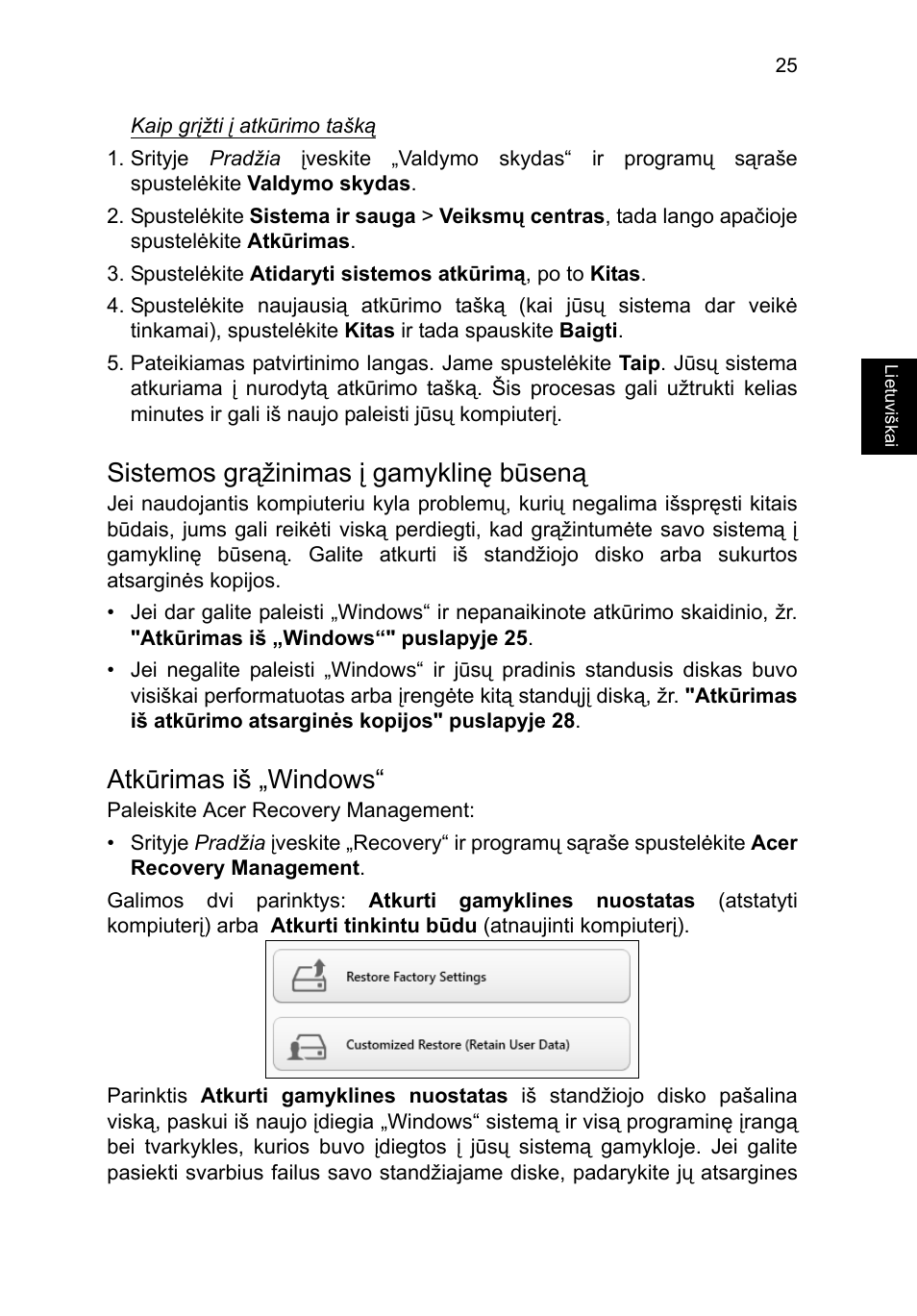 Sistemos grąžinimas į gamyklinę būseną, Atkūrimas iš „windows | Acer TravelMate P253-MG User Manual | Page 2067 / 2736