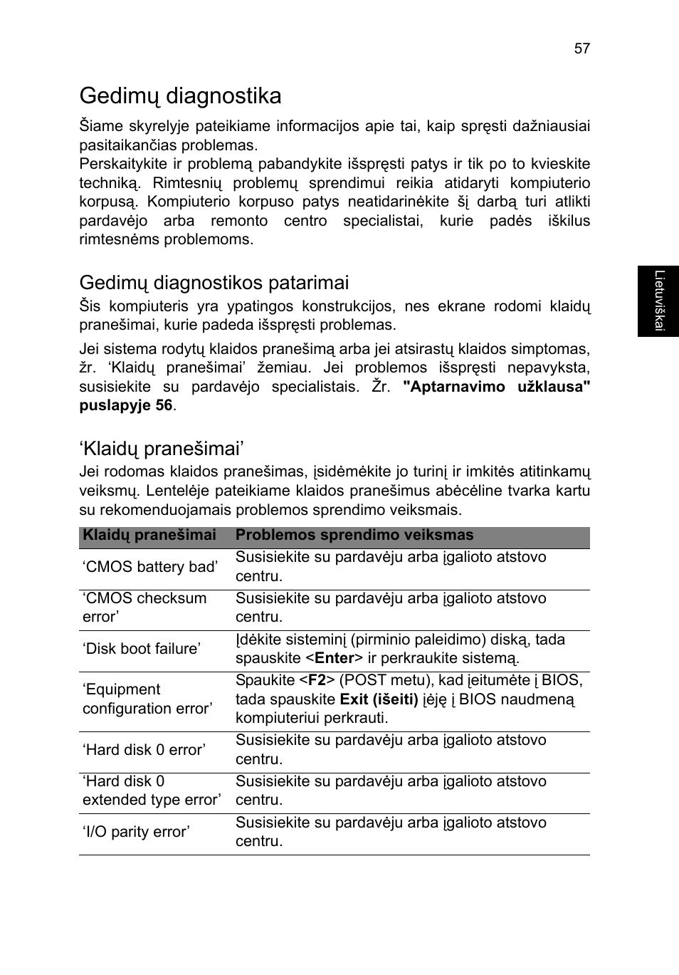 Gedimų diagnostika, Gedimų diagnostikos patarimai, Klaidų pranešimai | Acer TravelMate P253-MG User Manual | Page 2099 / 2736