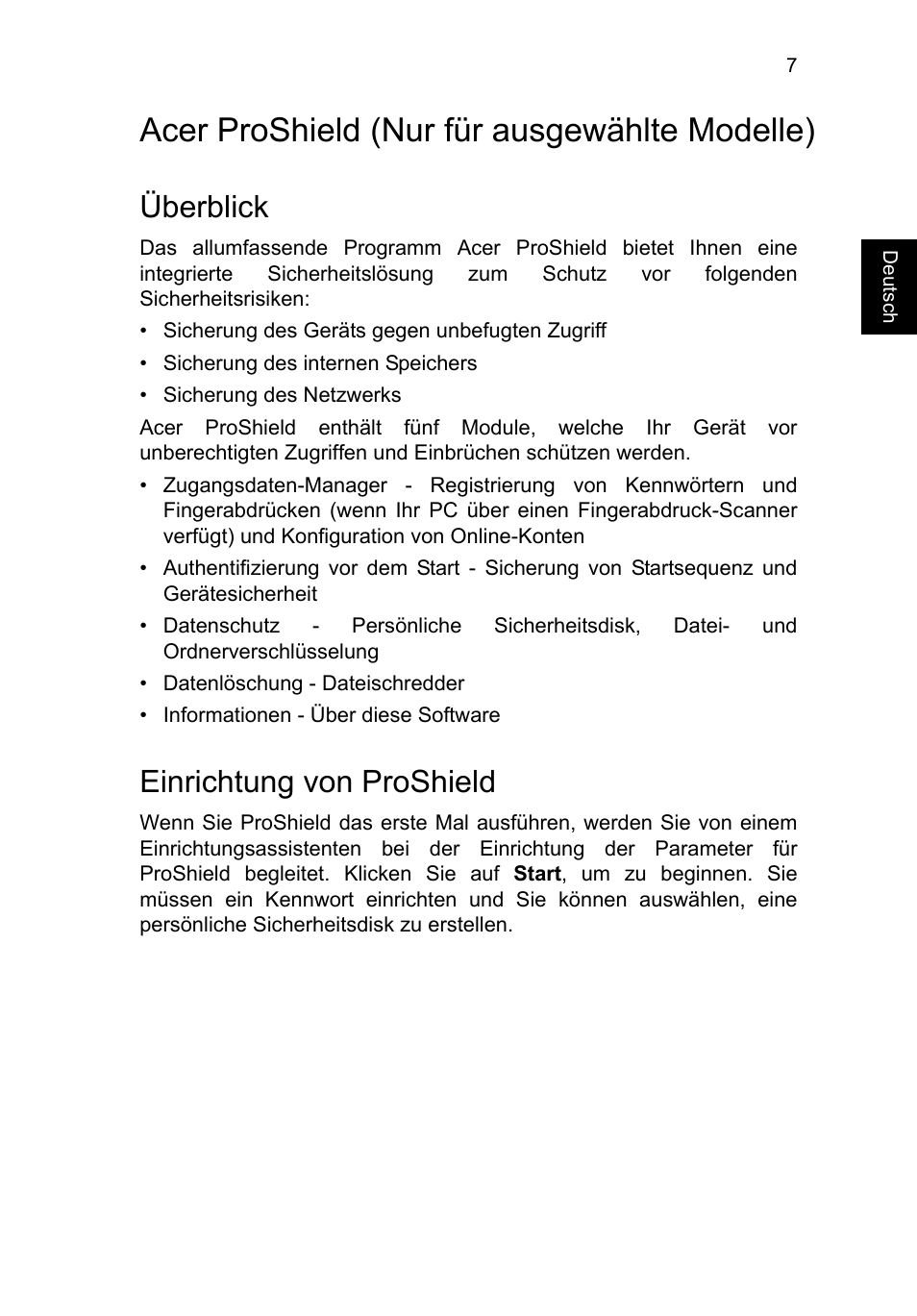 Acer proshield, Überblick, Einrichtung von proshield | Acer proshield (nur für ausgewählte modelle) | Acer TravelMate P253-MG User Manual | Page 211 / 2736