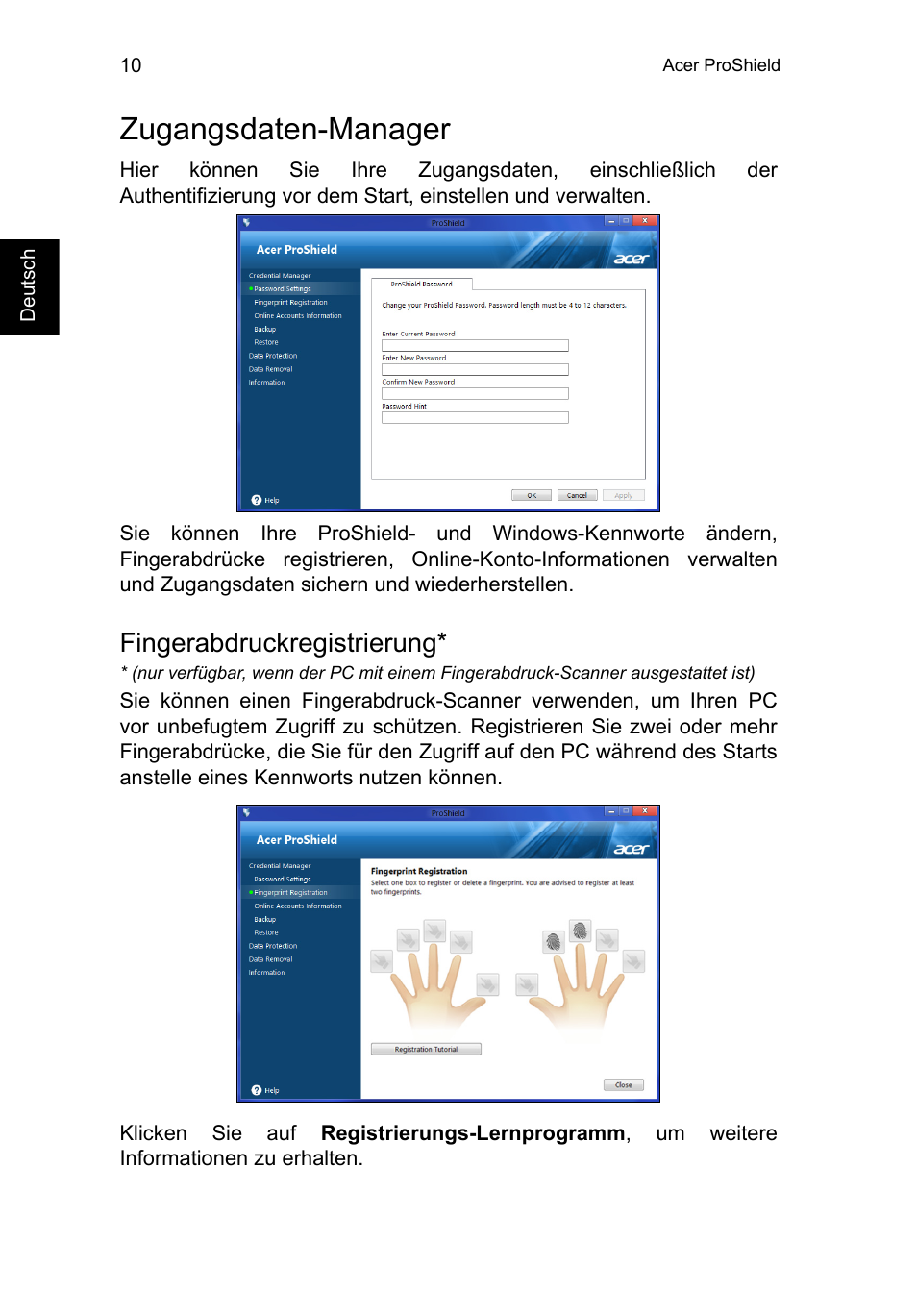 Zugangsdaten-manager, Fingerabdruckregistrierung | Acer TravelMate P253-MG User Manual | Page 214 / 2736