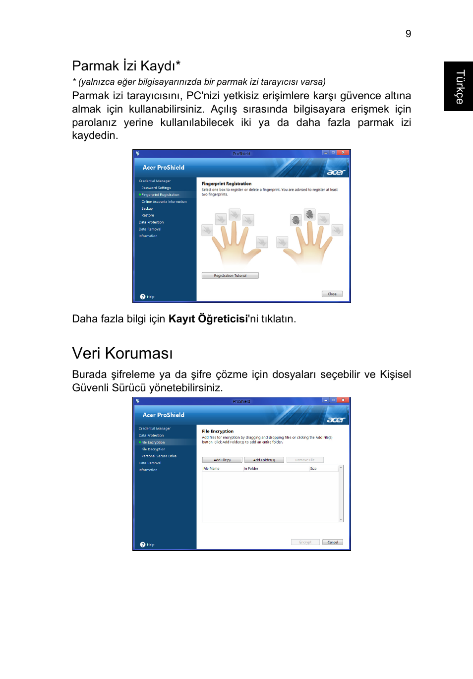 Parmak izi kaydı, Veri koruması | Acer TravelMate P253-MG User Manual | Page 2245 / 2736