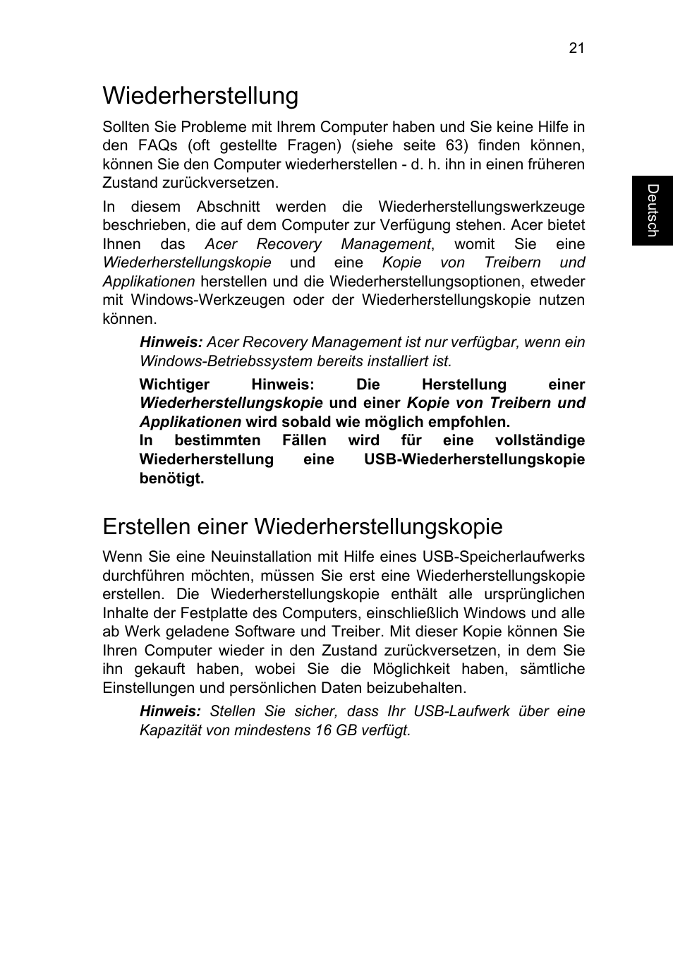 Wiederherstellung, Erstellen einer wiederherstellungskopie | Acer TravelMate P253-MG User Manual | Page 225 / 2736