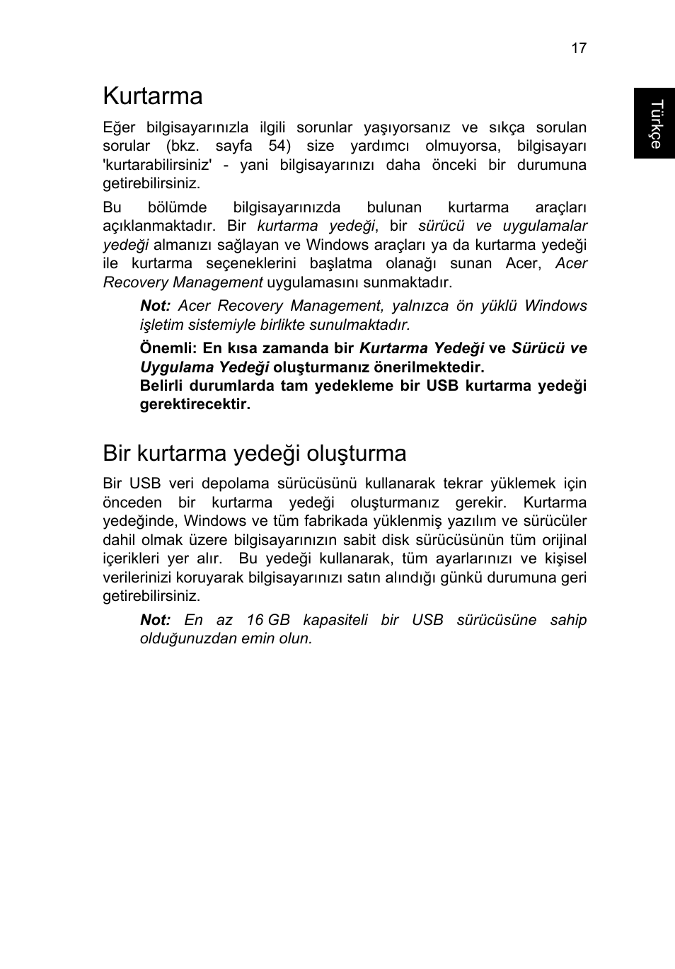 Kurtarma, Bir kurtarma yedeği oluşturma, Kurtarma 17 | Acer TravelMate P253-MG User Manual | Page 2253 / 2736