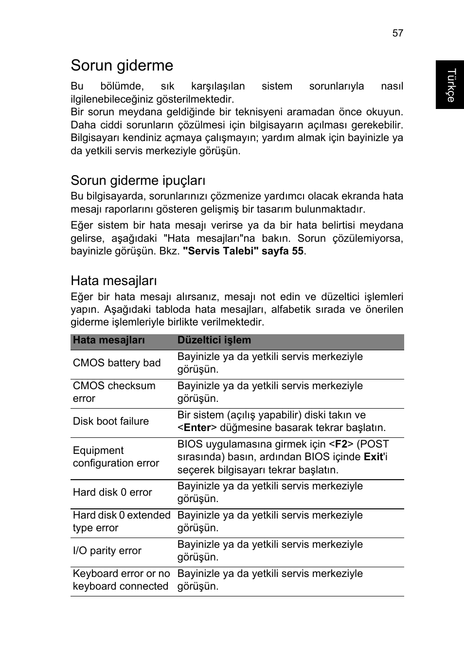 Sorun giderme, Sorun giderme ipuçları, Hata mesajları | Acer TravelMate P253-MG User Manual | Page 2293 / 2736