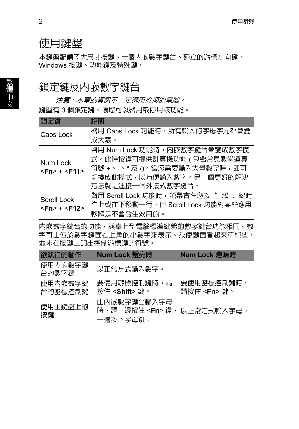 使用鍵盤, 鎖定鍵及內嵌數字鍵台 | Acer TravelMate P253-MG User Manual | Page 2412 / 2736