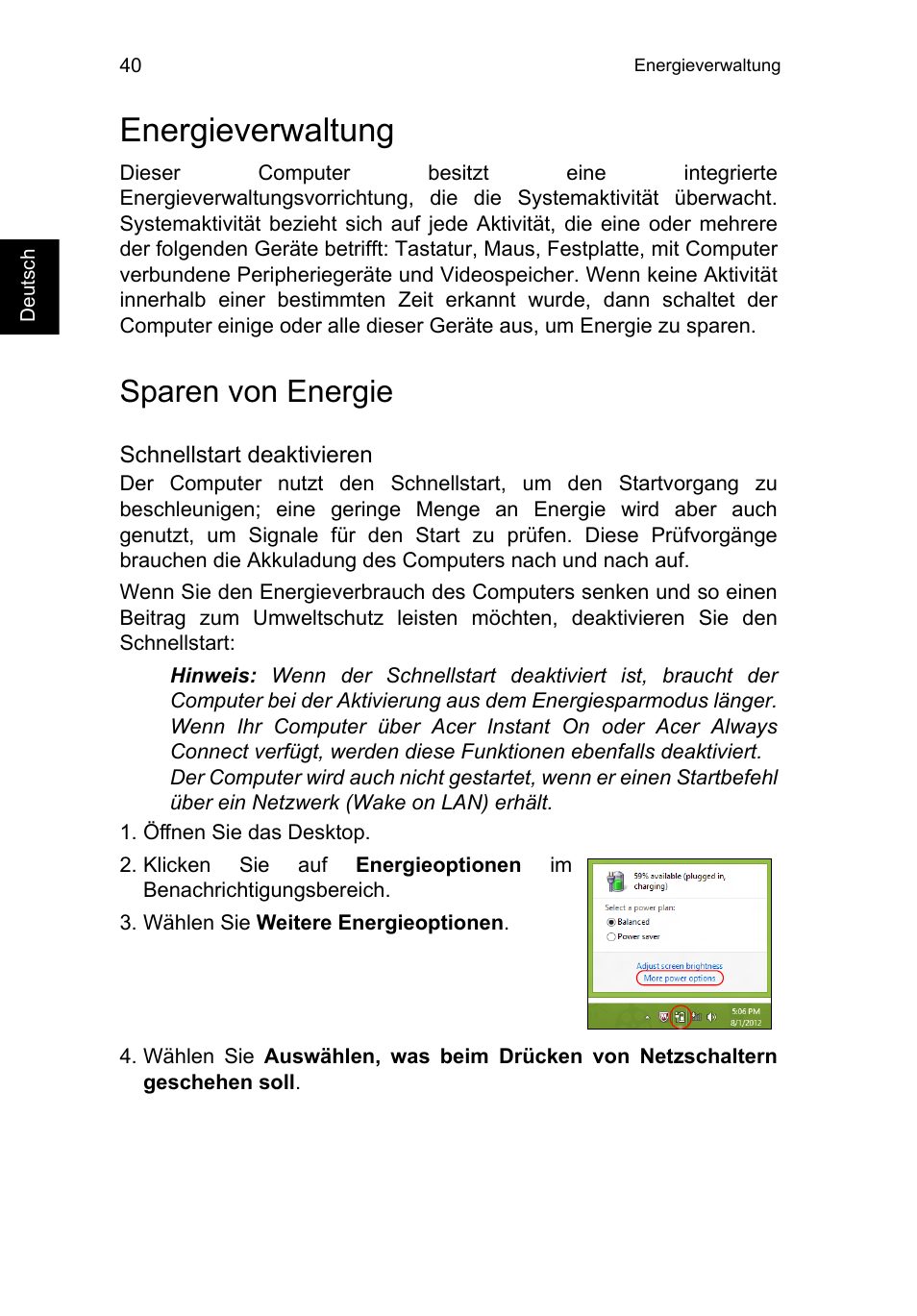 Energieverwaltung, Sparen von energie | Acer TravelMate P253-MG User Manual | Page 244 / 2736