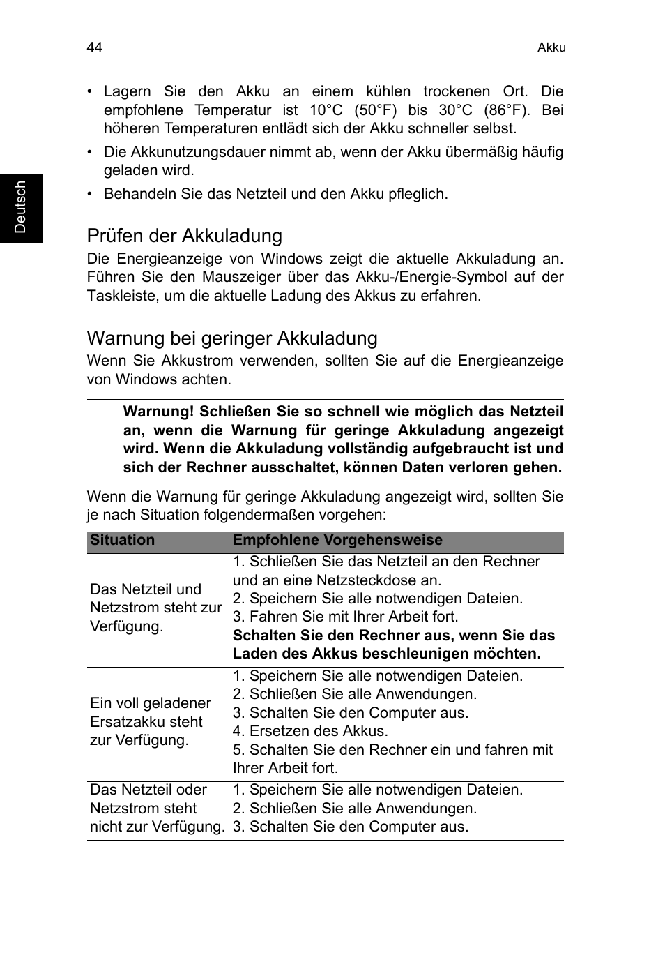 Prüfen der akkuladung, Warnung bei geringer akkuladung | Acer TravelMate P253-MG User Manual | Page 248 / 2736