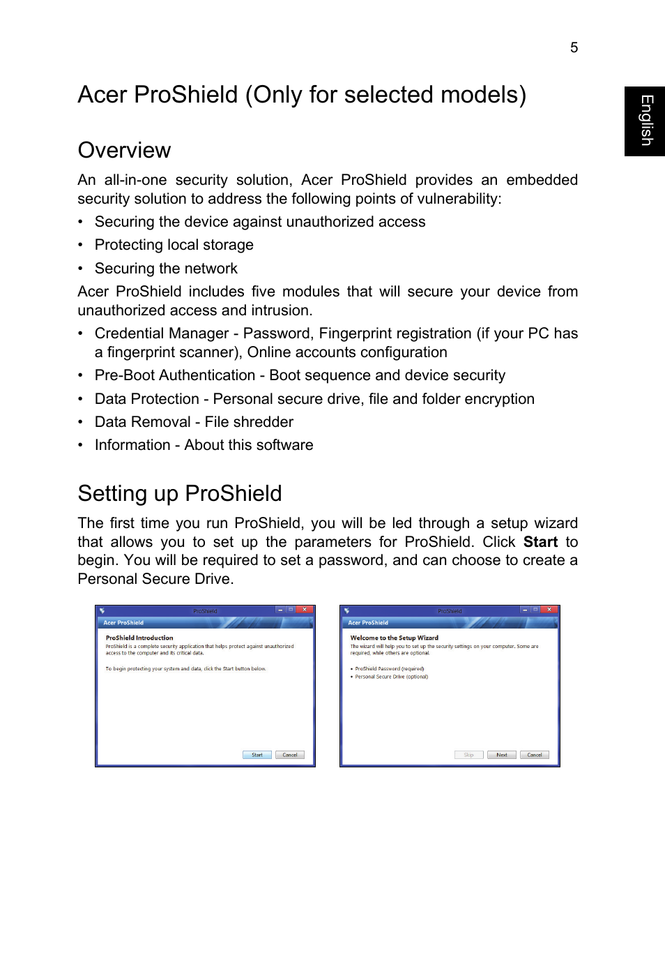 Acer proshield, Overview, Setting up proshield | Acer proshield (only for selected models) | Acer TravelMate P253-MG User Manual | Page 25 / 2736