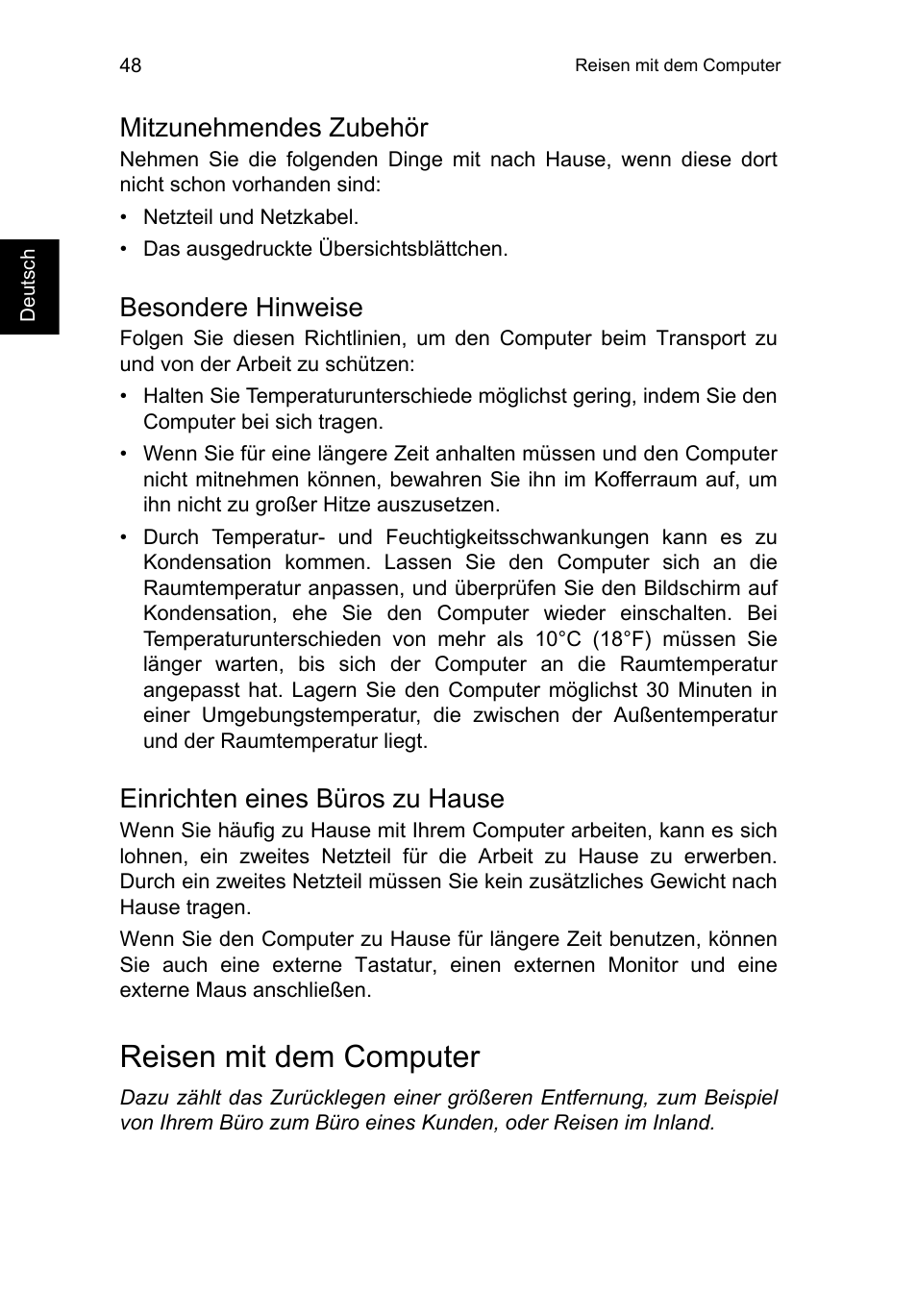 Mitzunehmendes zubehör, Besondere hinweise, Einrichten eines büros zu hause | Reisen mit dem computer | Acer TravelMate P253-MG User Manual | Page 252 / 2736