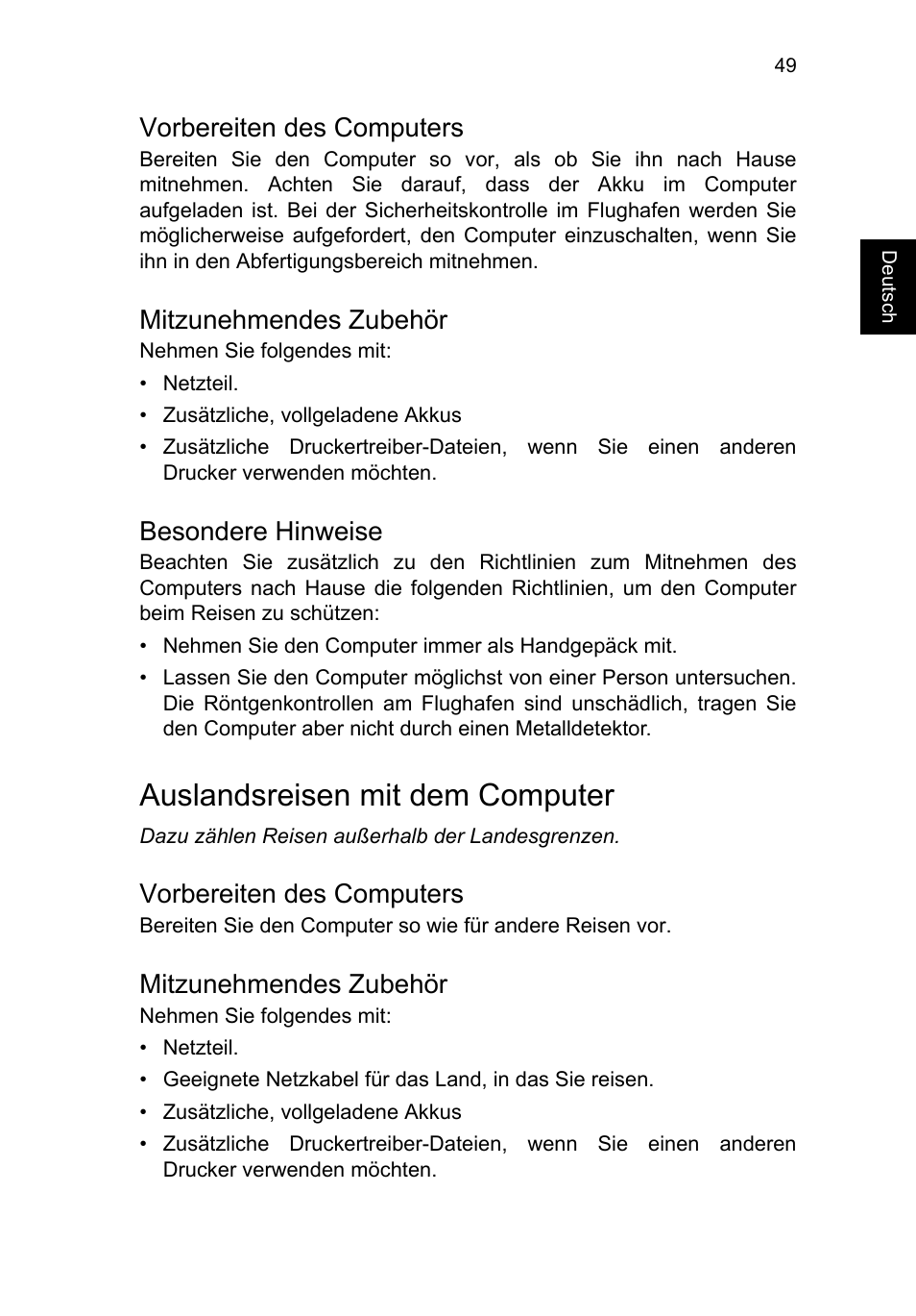 Vorbereiten des computers, Mitzunehmendes zubehör, Besondere hinweise | Auslandsreisen mit dem computer | Acer TravelMate P253-MG User Manual | Page 253 / 2736