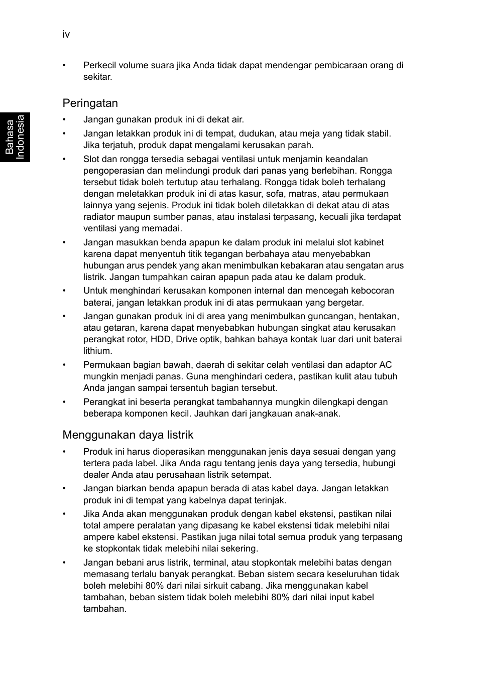 Peringatan, Menggunakan daya listrik | Acer TravelMate P253-MG User Manual | Page 2554 / 2736