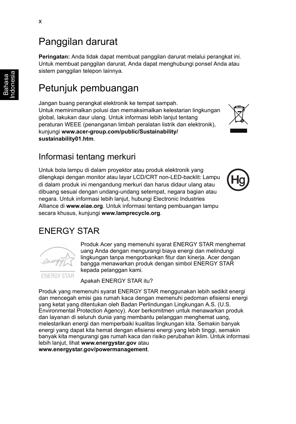 Panggilan darurat, Petunjuk pembuangan, Informasi tentang merkuri | Energy star | Acer TravelMate P253-MG User Manual | Page 2560 / 2736