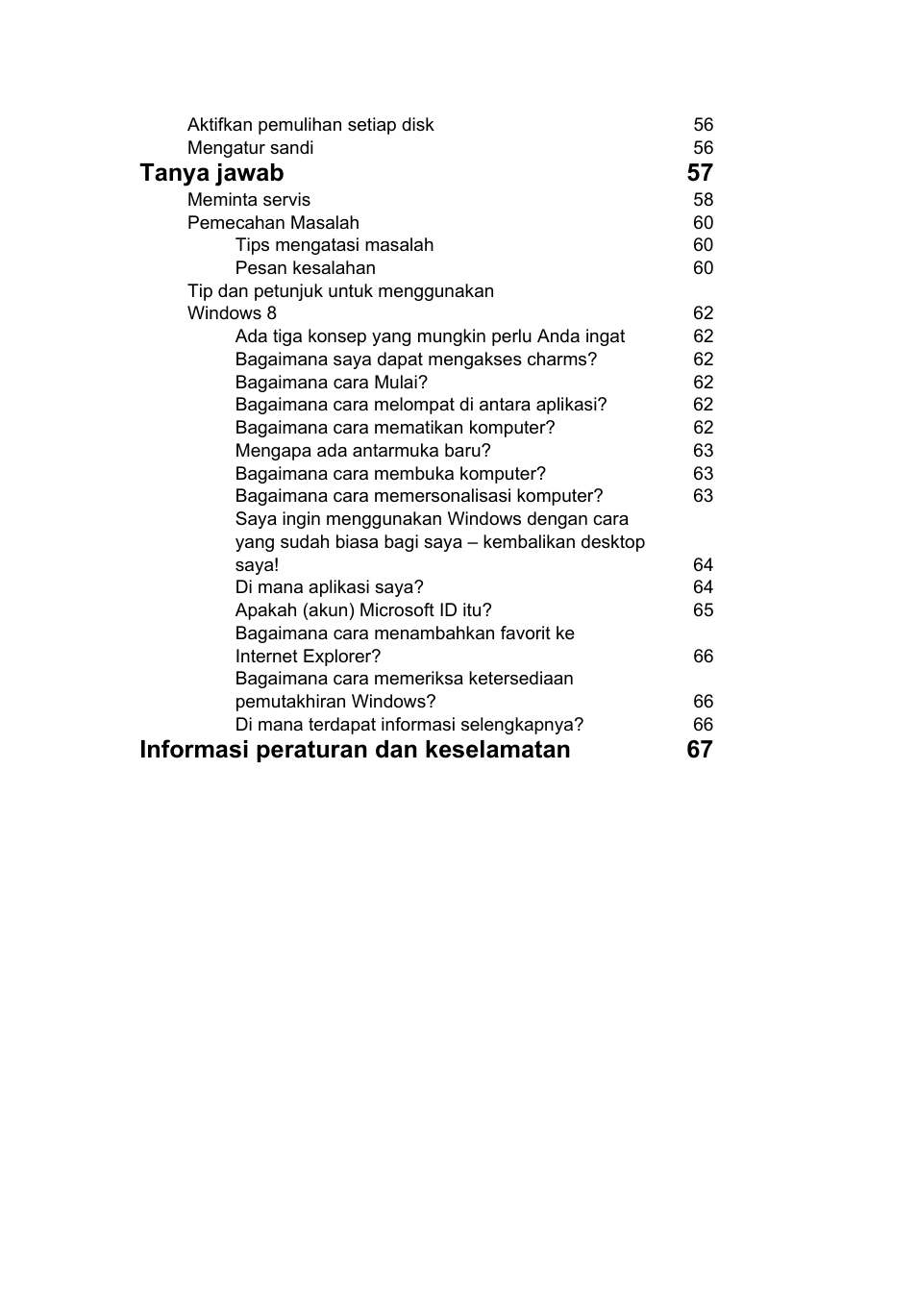 Tanya jawab 57, Informasi peraturan dan keselamatan 67 | Acer TravelMate P253-MG User Manual | Page 2569 / 2736