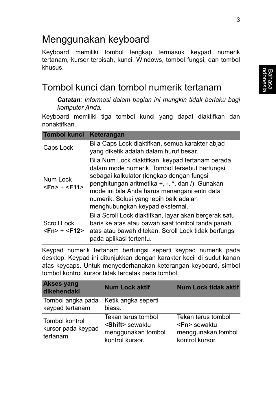 Menggunakan keyboard, Tombol kunci dan tombol numerik tertanam | Acer TravelMate P253-MG User Manual | Page 2573 / 2736