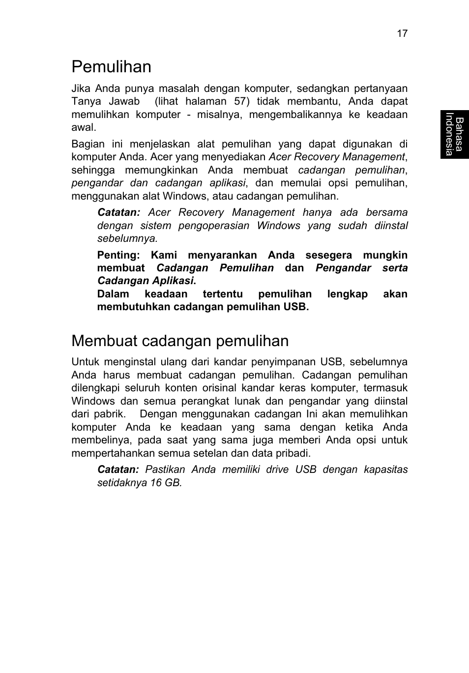 Pemulihan, Membuat cadangan pemulihan | Acer TravelMate P253-MG User Manual | Page 2587 / 2736