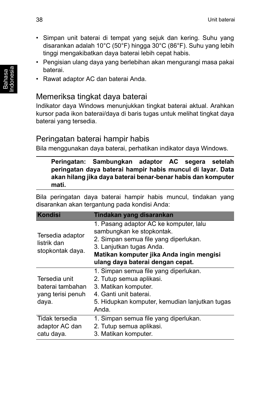 Memeriksa tingkat daya baterai, Peringatan baterai hampir habis | Acer TravelMate P253-MG User Manual | Page 2608 / 2736