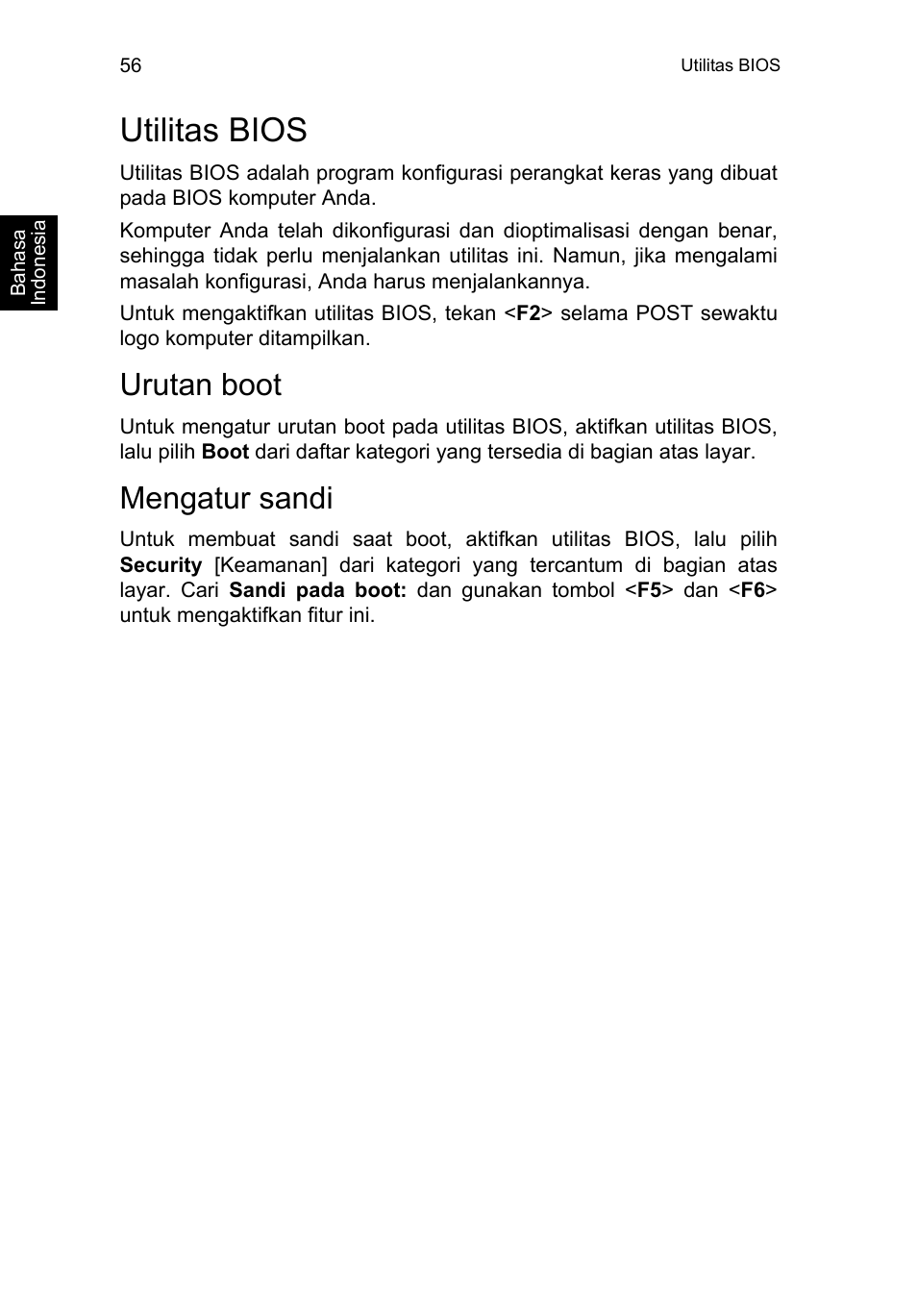 Utilitas bios, Urutan boot, Mengatur sandi | Aktifkan pemulihan setiap disk | Acer TravelMate P253-MG User Manual | Page 2626 / 2736