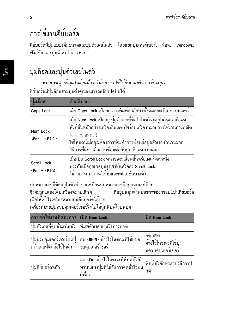 การใช้งานคีย์บอร์ด, ปุ่มล็อคและปุ่มตัวเลขในตัว, Òããªé§ò¹¤õâìºíãì´ 2 | Шибезн¤бер»øèáµñçàå¢ã¹µñç, Òããªé§ò¹¤õâìºíãì | Acer TravelMate P253-MG User Manual | Page 2666 / 2736