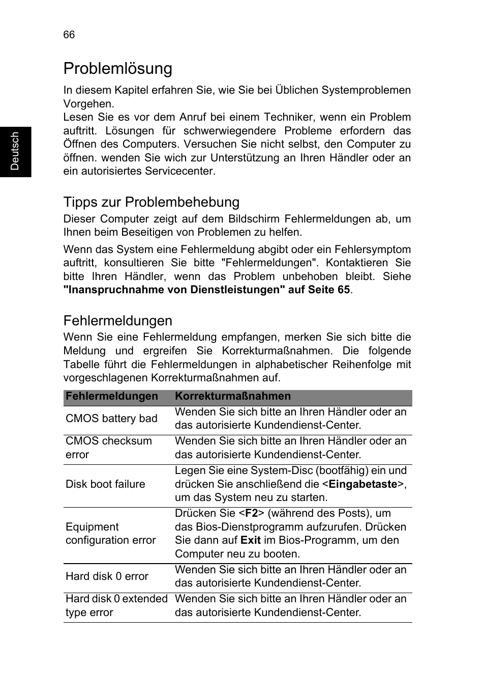 Problemlösung, Tipps zur problembehebung, Fehlermeldungen | Acer TravelMate P253-MG User Manual | Page 270 / 2736