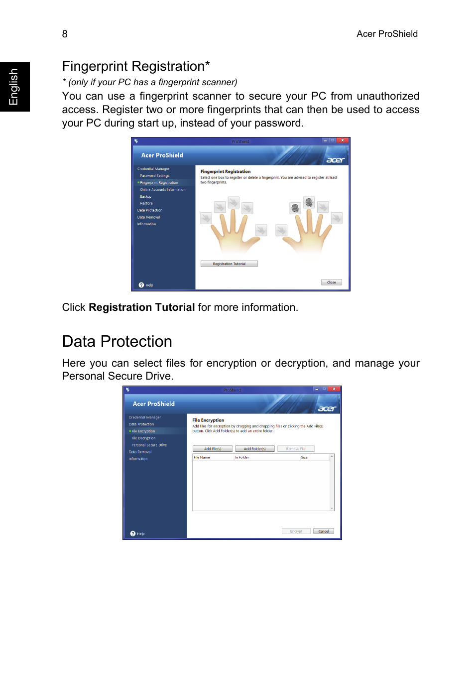 Fingerprint registration, Data protection | Acer TravelMate P253-MG User Manual | Page 28 / 2736