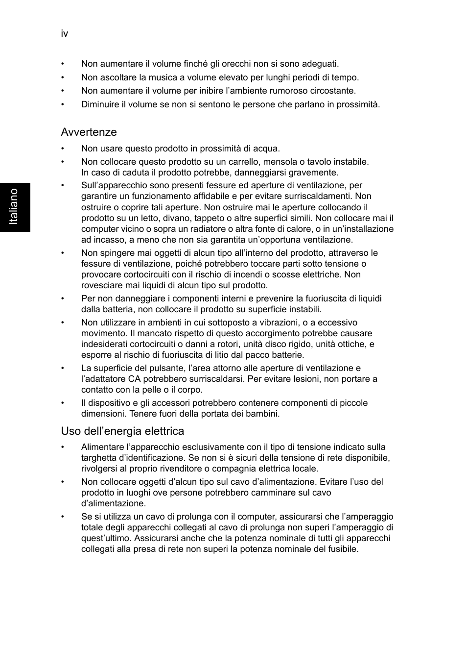 Ita liano, Avvertenze, Uso dell’energia elettrica | Acer TravelMate P253-MG User Manual | Page 288 / 2736