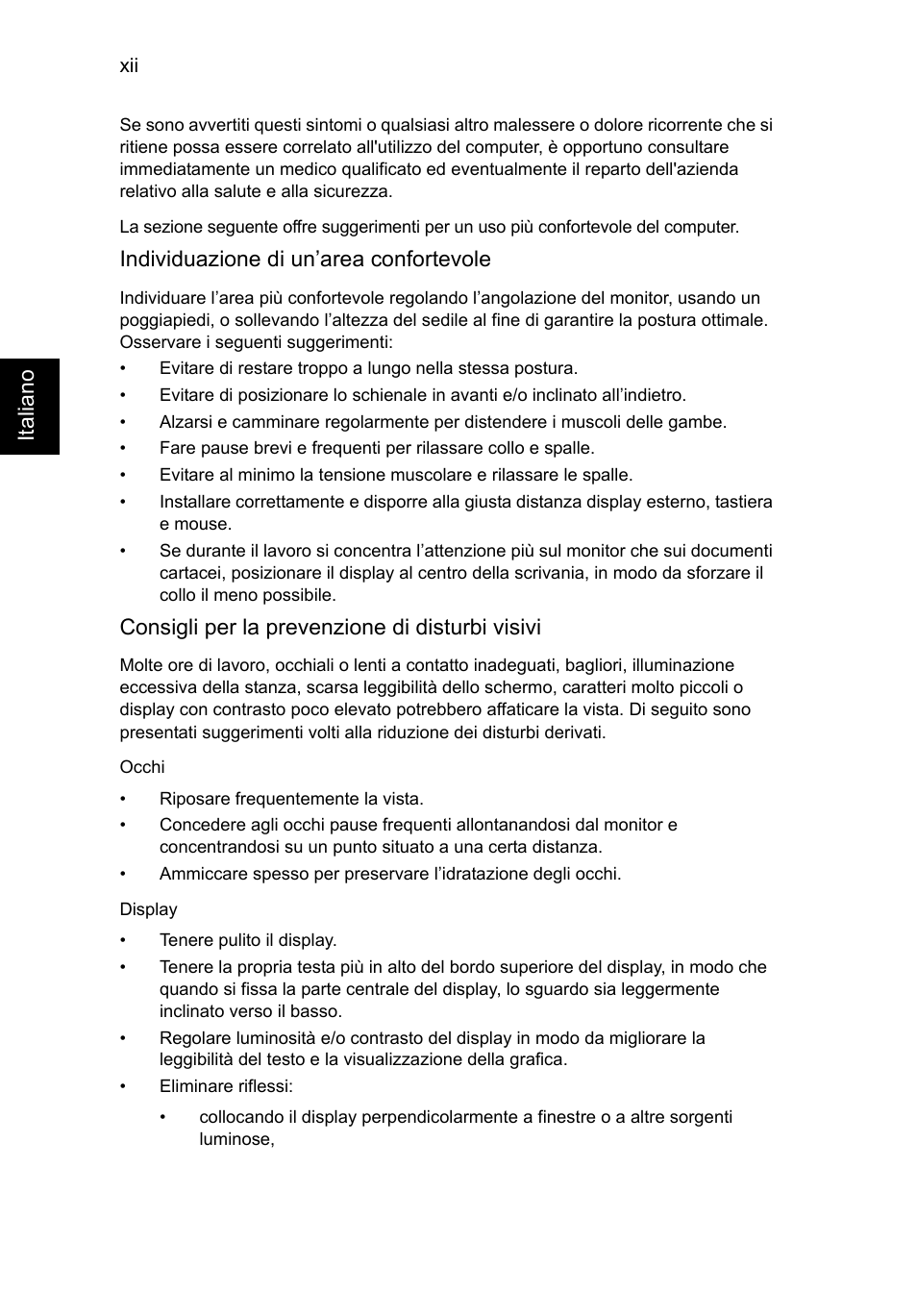 Ita liano, Individuazione di un’area confortevole, Consigli per la prevenzione di disturbi visivi | Acer TravelMate P253-MG User Manual | Page 296 / 2736