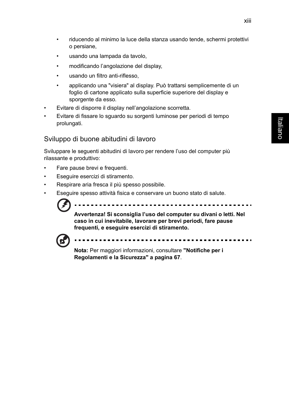 Italiano, Sviluppo di buone abitudini di lavoro | Acer TravelMate P253-MG User Manual | Page 297 / 2736
