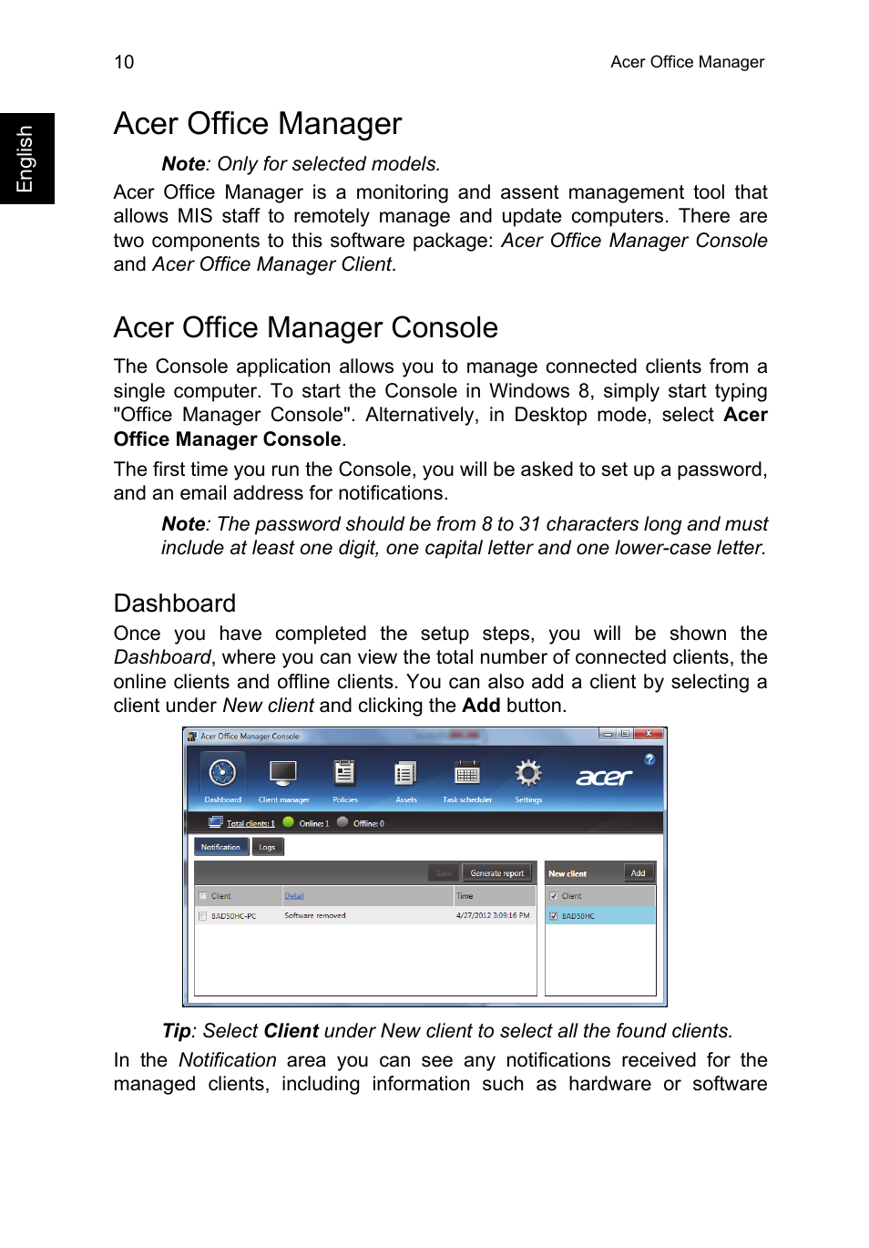 Acer office manager, Acer office manager console, Dashboard | Acer TravelMate P253-MG User Manual | Page 30 / 2736