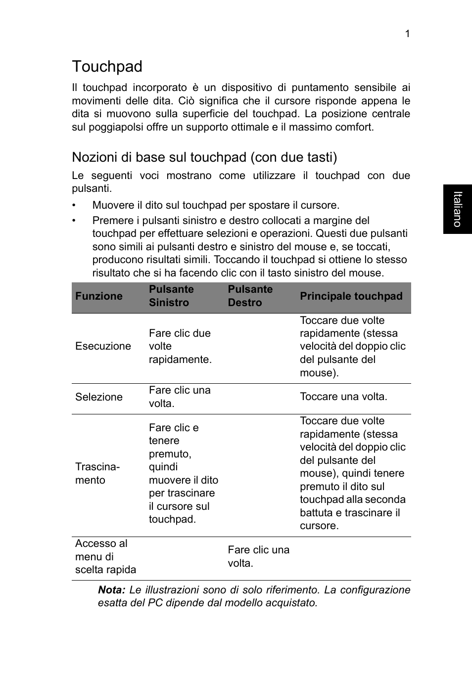 Touchpad, Nozioni di base sul touchpad (con due tasti) | Acer TravelMate P253-MG User Manual | Page 305 / 2736