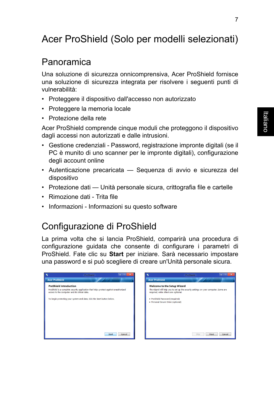 Acer proshield, Panoramica, Configurazione di proshield | Acer proshield (solo per modelli selezionati) | Acer TravelMate P253-MG User Manual | Page 311 / 2736