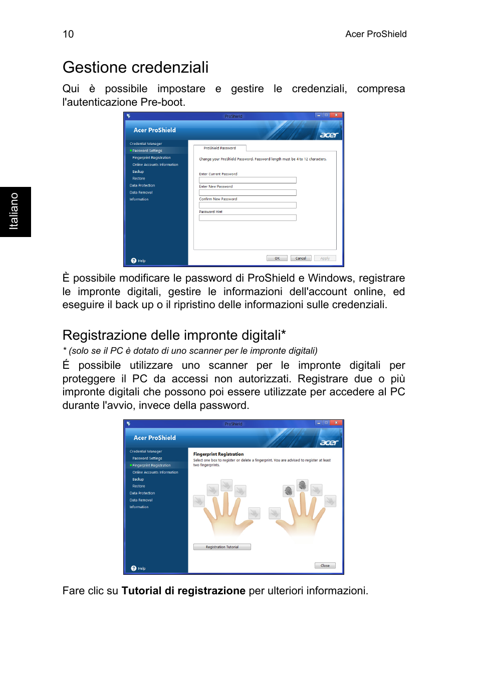 Gestione credenziali, Registrazione delle impronte digitali | Acer TravelMate P253-MG User Manual | Page 314 / 2736