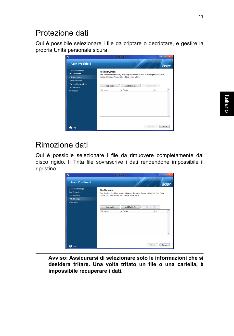 Protezione dati, Rimozione dati | Acer TravelMate P253-MG User Manual | Page 315 / 2736