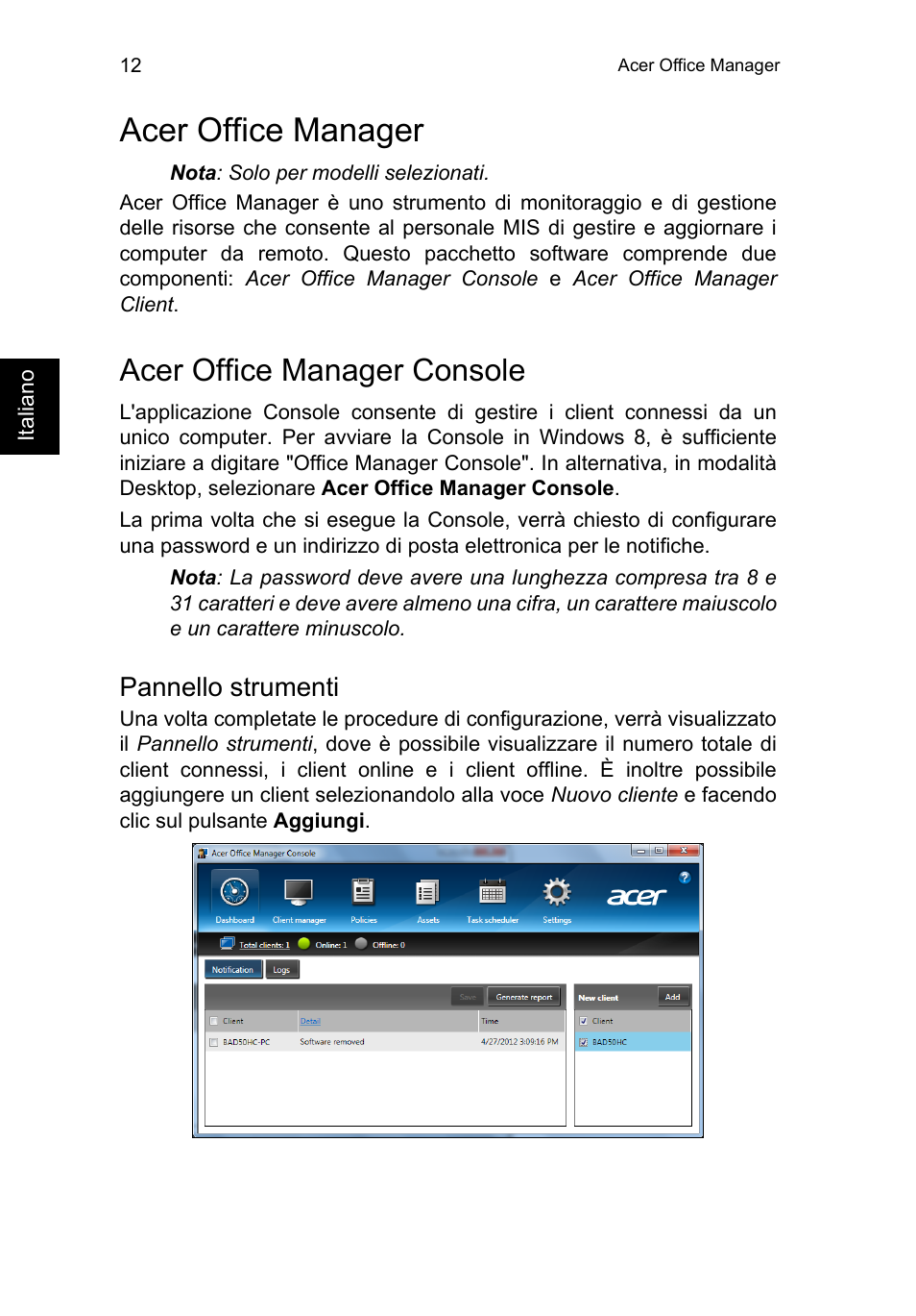 Acer office manager, Acer office manager console, Pannello strumenti | Acer TravelMate P253-MG User Manual | Page 316 / 2736