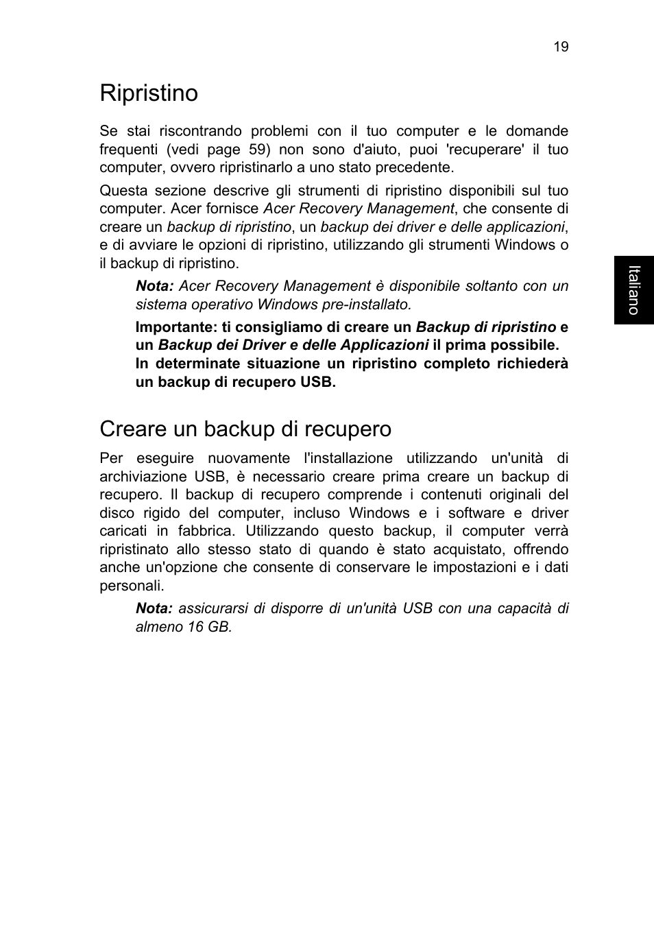 Ripristino, Creare un backup di recupero | Acer TravelMate P253-MG User Manual | Page 323 / 2736